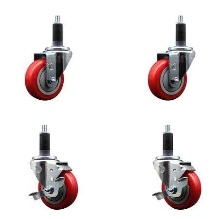 Service Caster 3.5'' Red Poly Wheel Swivel 1-1/8'' Expanding Stem Caster Set 2 Brakes, 4PK SCC-EX20S3514-PPUB-RED-2-TLB-2-118